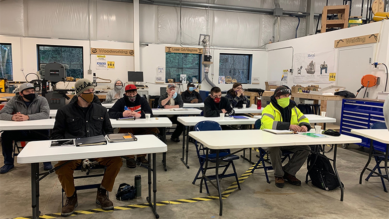 First cohort of 'Construction Bootcamp' in class at the Lacey Makerspace. Photo courtesy of WorkSource Thurston.